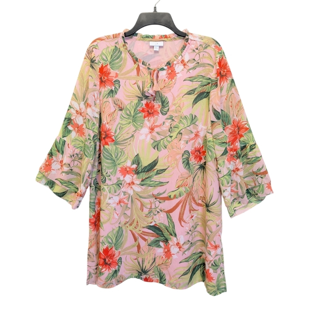 J. Jill Tropical Floral Chiffon Tunic Dress Cottagecore Fairy Bell Sleeve Lined